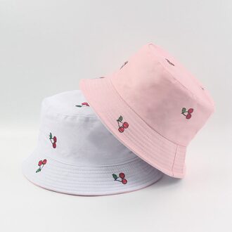 Panama Fruit Cherry Print Emmer Hoed Voor Vrouwen Visser Hoed Puur Katoen Materiaal Twee Side Omkeerbare Bob Hoed Zomer Zon hoed wit en roze