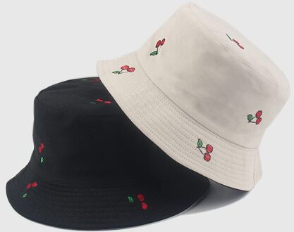 Panama Fruit Cherry Print Emmer Hoed Voor Vrouwen Visser Hoed Puur Katoen Materiaal Twee Side Omkeerbare Bob Hoed Zomer Zon hoed zwart en beige