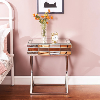 Panana Mirrored Glass Bedside Table With Drawer Glass Mirror Bedroom Furniture Nightstand Geometry Chrome Legs Livingroom