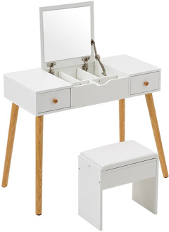 Panana Nordic Dressing Table Set Wooden Make Up Table with Flip Top Mirror & PU Leather Stool 2 Drawers Girl Birthday White