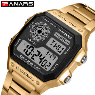 Panars Horloge Mannen Sport Digitale Horloges Chronograaf 5bar Waterdicht Horloge Roestvrij Business Horloges Led Display Mannelijke Klok goud