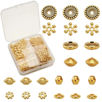 Pandahall Alloy Brass Bead Spacers Flat Round Bicone Rondelle Flower Beads for Jewelry Making DIY Mixed Color 320pcs/box
