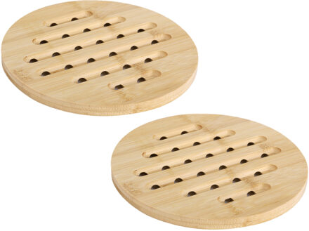 Pannen onderzetter - 2x - rond - D19 cm - bamboe hout - met luchtgaten