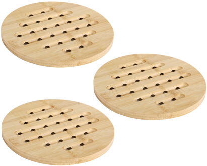 Pannen onderzetter - 3x - rond - D19 cm - bamboe hout - met luchtgaten