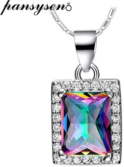 PANSYSEN Genuine Square Multicolor Rainbow Fire Mystic Topaz Pendant Necklace Pure 925 sterling Silver Brand Women's Neckalces