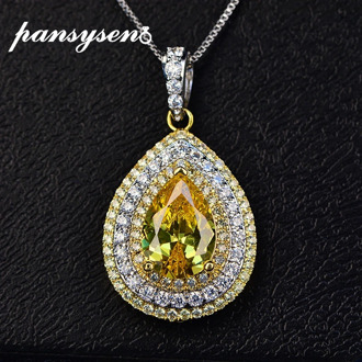 PANSYSEN Luxury Water Drop Pendant Necklaces Women 100% Solid 925 Sterling Silver Citrine lab moissanite Fine Jewlery Necklace