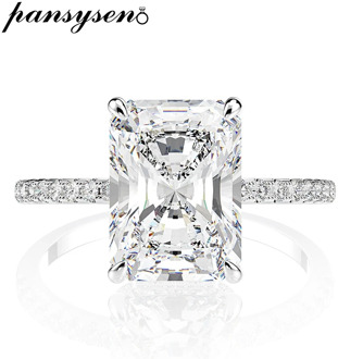 PANSYSEN Real 925 Sterling Silver Emerald Cut Created Moissanite Diamond Wedding Rings for Women Luxury Proposal Engagement Ring