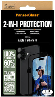 PanzerGlass 2 in 1 pack - Ultra-Wide Fit Anti-Bacterial Screenprotector incl. applicator + Camera Protector voor de Apple iPhone 16 Transparant