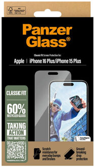 PanzerGlass Anti-Bacterial Screenprotector voor de Apple iPhone 16 Plus Transparant