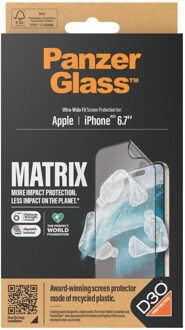 PanzerGlass Matrix Recycled Ultra-Wide Fit Anti-Bacterial Screenprotector incl. applicator voor de iPhone 15 Plus Transparant