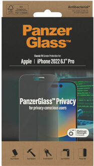 PanzerGlass Privacy Anti-Bacterial Screenprotector voor de iPhone 14 Pro Transparant