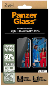 PanzerGlass Privacy Ultra-Wide Fit Anti-Bacterial Screenprotector incl. applicator voor de Apple iPhone 13 / 13 Pro / 14 / 16e Transparant
