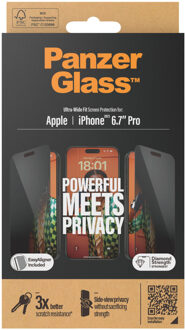 PanzerGlass Privacy Ultra-Wide Fit Anti-Bacterial Screenprotector incl. applicator voor de Apple iPhone 15 Pro Max Transparant