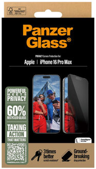 PanzerGlass Privacy Ultra-Wide Fit Anti-Bacterial Screenprotector incl. applicator voor de Apple iPhone 16 Pro Max Transparant