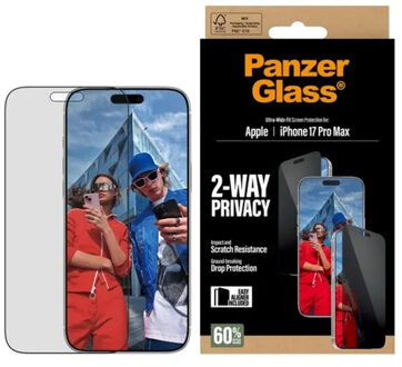 PanzerGlass Privacy Ultra-Wide Fit Anti-Bacterial Screenprotector incl. applicator voor de Apple iPhone 17 Pro Max Transparant
