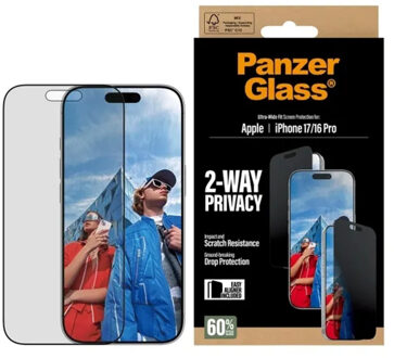 PanzerGlass Privacy Ultra-Wide Fit Anti-Bacterial Screenprotector incl. applicator voor de Apple iPhone 17 Transparant