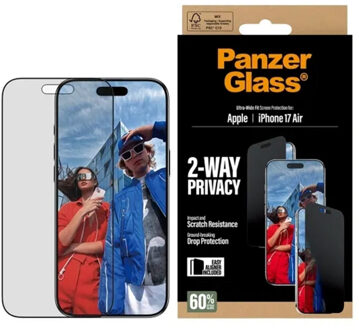 PanzerGlass Privacy Ultra-Wide Fit Anti-Bacterial Screenprotector incl. applicator voor de Apple iPhone Air Transparant