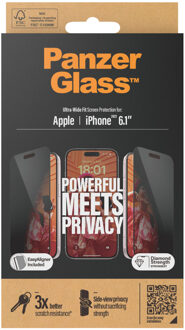 PanzerGlass Privacy Ultra-Wide Fit Anti-Bacterial Screenprotector incl. applicator voor de iPhone 15 Transparant