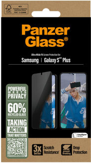 PanzerGlass Privacy Ultra-Wide Fit Anti-Bacterial Screenprotector incl. applicator voor de Samsung Galaxy S25 Plus Transparant