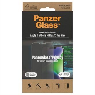 PanzerGlass Ultra-Wide Fit Anti-Bacterial Privacy Screenprotector incl. applicator voor de iPhone 14 Plus / iPhone 13 Pro Max Transparant