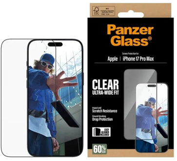 PanzerGlass Ultra-Wide Fit Anti-Bacterial Screenprotector incl. applicator voor de Apple iPhone 17 Pro Max Transparant