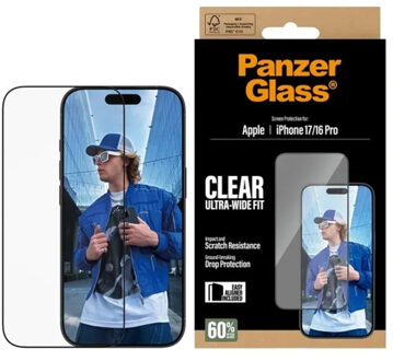 PanzerGlass Ultra-Wide Fit Anti-Bacterial Screenprotector incl. applicator voor de Apple iPhone 17 Transparant
