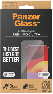 PanzerGlass Ultra-Wide Fit Anti-Bacterial Screenprotector incl. applicator voor de iPhone 15 Pro Transparant