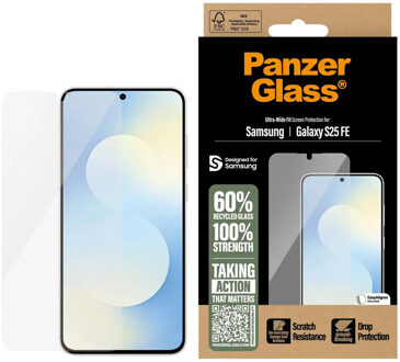 PanzerGlass Ultra-Wide Fit Anti-Bacterial Screenprotector incl. applicator voor de Samsung Galaxy S25 FE Transparant