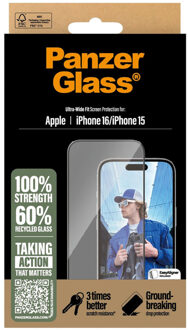 PanzerGlass Ultra-Wide Fit Anti-Bacterial Screenprotector voor de Apple iPhone 16 Transparant
