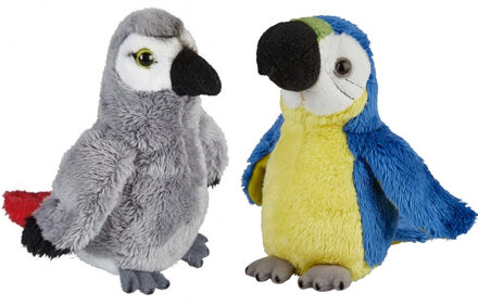 Papegaaien serie pluche knuffels 2x stuks -Blauwe en Grijze van 15 cm - Vogel knuffels Multikleur