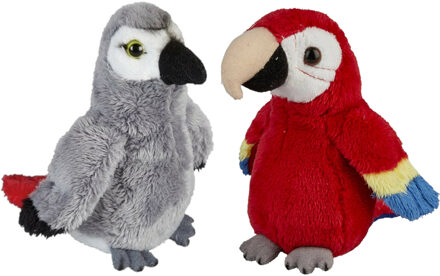 Papegaaien serie pluche knuffels 2x stuks -Rode en Grijze van 15 cm - Vogel knuffels Multikleur