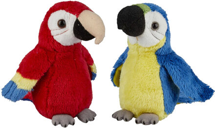 Papegaaien vogels pluche knuffels - 2x stuks - Blauwe en Rode - 15 cm