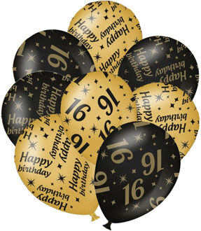 paperdreams 12x stuks leeftijd verjaardag ballonnen 16 jaar en happy birthday zwart/goud