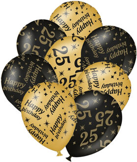 paperdreams 12x stuks leeftijd verjaardag ballonnen 25 jaar en happy birthday zwart/goud