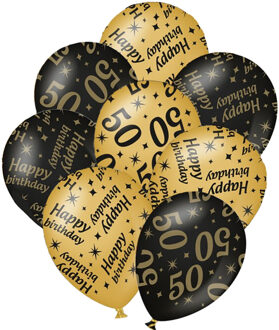 paperdreams 12x stuks leeftijd verjaardag ballonnen 50 jaar en happy birthday zwart/goud