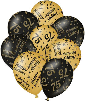 paperdreams 12x stuks leeftijd verjaardag ballonnen 75 jaar en happy birthday zwart/goud