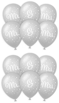 paperdreams 12x stuks Mr. & Mrs huwelijks feest ballonnen - zilver/wit - latex - ca 30 cm - Ballonnen Multikleur