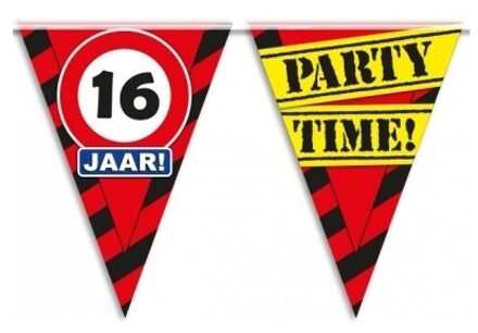 paperdreams 16 jaar vlaggenlijn slinger - waarschuwingsbord - 100 cm - kunststof - leeftijd feestartikelen Multi