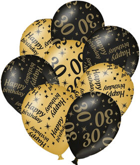 paperdreams 24x stuks leeftijd verjaardag ballonnen 30 jaar en happy birthday zwart/goud