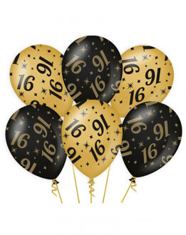 paperdreams 6x stuks leeftijd verjaardag feest ballonnen 16 jaar geworden zwart/goud 30 cm - Ballonnen Multikleur