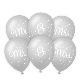 paperdreams 6x stuks Mr. & Mrs huwelijks feest ballonnen - zilver/wit - latex - ca 30 cm