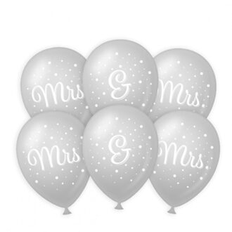 paperdreams 6x stuks Mrs. & Mrs. huwelijks feest ballonnen - zilver/wit - latex - ca 30 cm