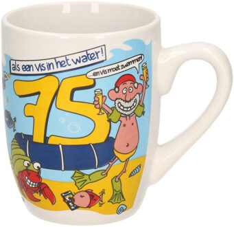 paperdreams 75 jaar verjaardag koffie mok/beker - Funcadeau - 300 ml - cartoon - feest mokken Wit