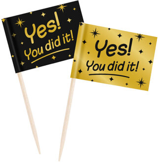 paperdreams Geslaagd thema party Cocktailprikkers vlaggetjes - 100x - zwart/goud - You did it - Cocktailprikkers