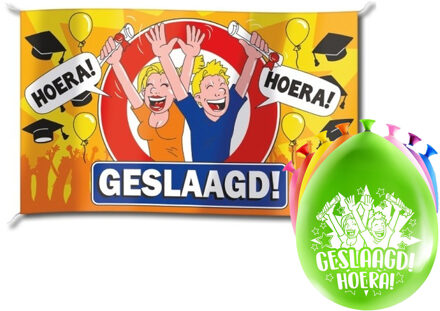 paperdreams Geslaagd thema party versiering set Hoera - Grote vlag en 16x ballonnen - Feestpakketten