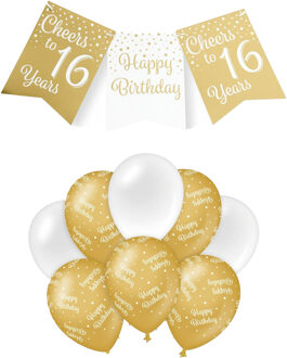 paperdreams Luxe 16 jaar feestversiering set - Ballonnen & vlaggenlijnen - wit/goud