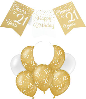 paperdreams Luxe 21 jaar feestversiering set - Ballonnen & vlaggenlijnen - wit/goud