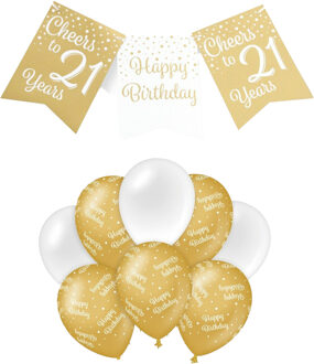 paperdreams Luxe 21 jaar feestversiering set - Ballonnen & vlaggenlijnen - wit/goud