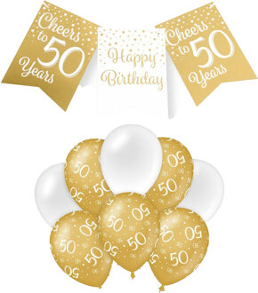 paperdreams Luxe 50 jaar feestversiering set - Ballonnen & vlaggenlijnen - wit/goud