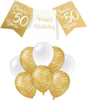paperdreams Luxe 50 jaar feestversiering set - Ballonnen & vlaggenlijnen - wit/goud